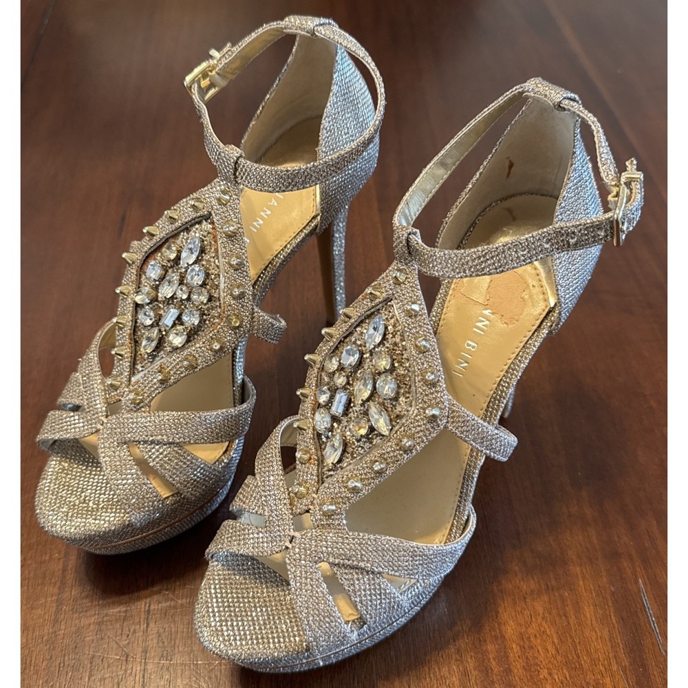 Gianni Bini 8.5M Rose Gold Glitter Jeweled Studded Platform Heels Ankle Strap